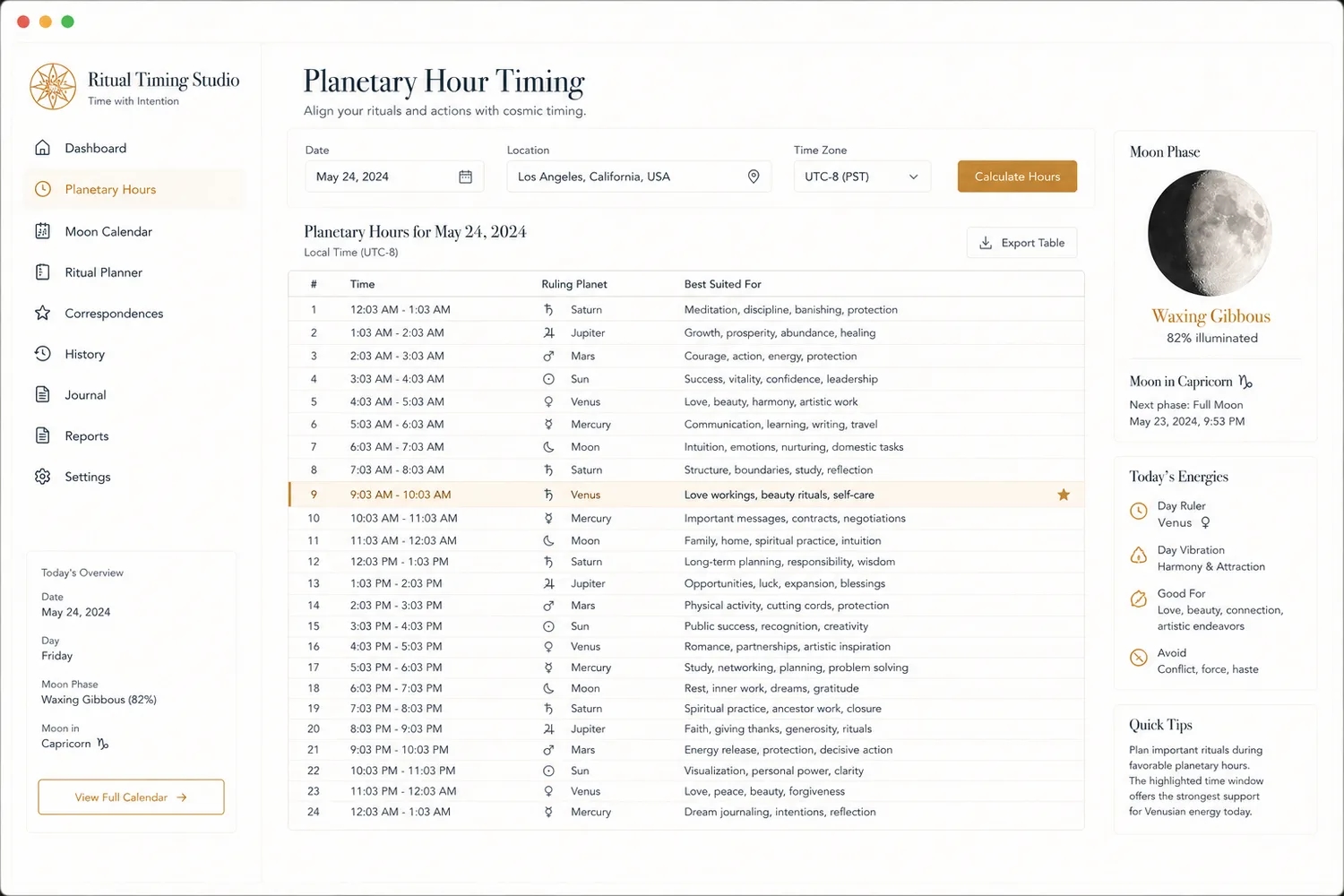 Ritual & Planetary Hour Timing Widget